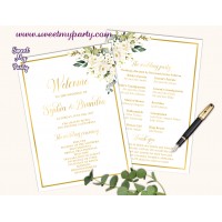 Ivory Roses Wedding program fan,Cream Roses Wedding itinerary,(123b)